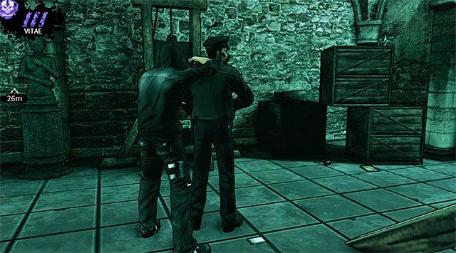 Start off by taking cover behind an object seen on screen 1, because one of the guards is heading in your direction and hell soon enter this room - Harding Museum - Bloomings hideout - Chapter 1 - DARK - Game Guide and Walkthrough