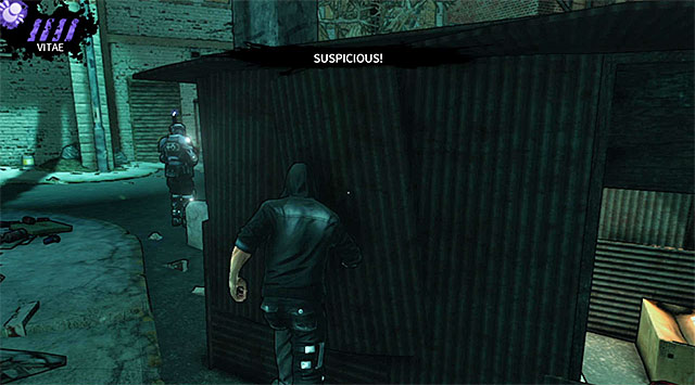 Approach the two hunters stationed close to the exit from the first backyard, taking cover behind a small shack seen on screen 1 - The Hole - first backyard - Chapter 4 - DARK - Game Guide and Walkthrough