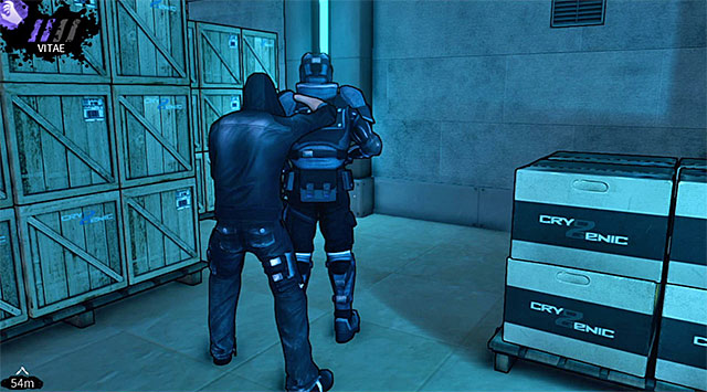 An armored opponent patrolling a side passageway - Cryogenic - warehouse - Chapter 5 - DARK - Game Guide and Walkthrough