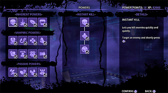 Menu used to unlock new powers and upgrades - Character development - Vampiric powers - DARK - Game Guide and Walkthrough