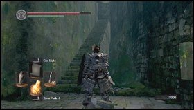 You'll encounter a junction with stairs in front of you [1] and stairs leading up on the right [2] - Undead Burg - Depths - Walkthrough - Dark Souls - Game Guide and Walkthrough