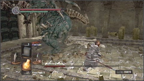 From this position you can easy hit him and youll avoid any of his attack - Asylum Demon - How to kill a boss - Dark Souls - Game Guide and Walkthrough