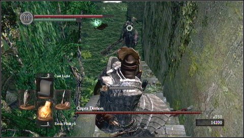 Step 3 - Capra will run on the stairs. Once he is close to you, jump to the left to the floor. - Capra Demon - How to kill a boss - Dark Souls - Game Guide and Walkthrough