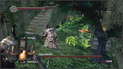 Step 1 - run to the arena and jump to the stairs on the left. - Capra Demon - How to kill a boss - Dark Souls - Game Guide and Walkthrough