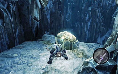 Stop where the screen shows and attack the Ice Skeleton - Reach the top of The Dark Fortress (1) - Find a Way to Save War - Darksiders II - Game Guide and Walkthrough
