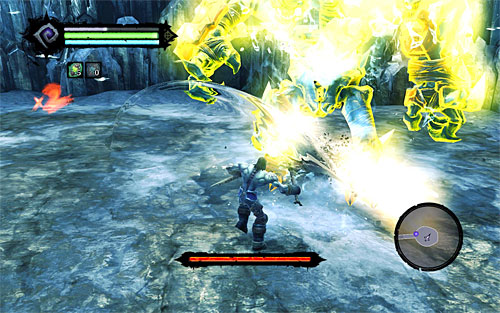 Look for opportunities to attack by performing a series of attacks with your primary weapon (left mouse button) or secondary weapon (right mouse button) - Boss 1 - Ice Giant - Find a Way to Save War - Darksiders II - Game Guide and Walkthrough
