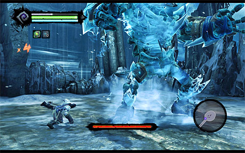 The Ice Giant has only a few slow attacks which will give you no trouble in predicting the exact time they'll be used, but also allow you to evade them without much effort - Boss 1 - Ice Giant - Find a Way to Save War - Darksiders II - Game Guide and Walkthrough