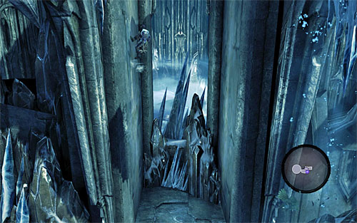 When the elevator goes into an emergency stop, locate the wall with interactive edges and start climbing it up; go right to reach to a small ledge - Reach the top of The Dark Fortress (2) - Find a Way to Save War - Darksiders II - Game Guide and Walkthrough