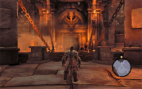 Head towards the arena where Karn is fighting off quite a large group of Construct Warriors and help him out - Help Karn defeat Constructs - The Fire of the Mountain - Darksiders II - Game Guide and Walkthrough