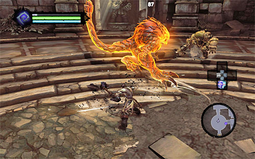 In the adjoining room you'll find Constructs fighting a Stalker, and if you haven't encountered this type of monster during your free exploration of the world, it's safest to treat it as a mini-boss for now - Restore the Fire of the Mountain (1) - The Fire of the Mountain - Darksiders II - Game Guide and Walkthrough