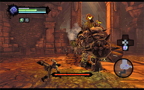 Gharn's second attack is with a drill, and it's that drill which deals the most serious damage - Boss 3 - Gharn - The Fire of the Mountain - Darksiders II - Game Guide and Walkthrough