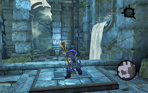 Turn around and run on the right wall to grab onto an interactive ledge - Restore the Tears of the Mountain (2) - The Tears of the Mountain - Darksiders II - Game Guide and Walkthrough