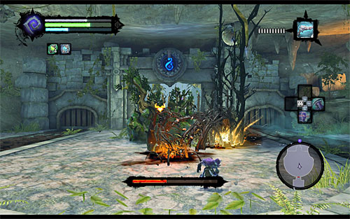 Apart from the aforementioned attacks, when Karkinos loses around half of his stamina, he'll start diving underground from time to time, sending vines to attack you (the above screen) - Boss 4 - Karkinos - The Tears of the Mountain - Darksiders II - Game Guide and Walkthrough