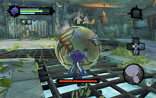 Once you're at the ball, grab it, turn it around towards the boss and send it forcefully at him by pressing the middle mouse button - Boss 4 - Karkinos - The Tears of the Mountain - Darksiders II - Game Guide and Walkthrough