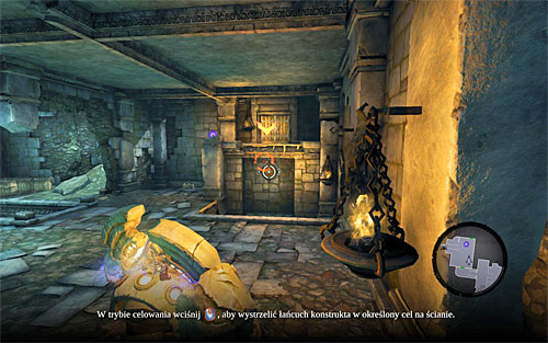 The game will automatically enter Aim Mode, so the only thing you need to do is aim at the chain shown on the screen and press the middle mouse button - Find the Lost Temple - To Move a Mountain - Darksiders II - Game Guide and Walkthrough