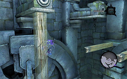 Carefully, jump down on the horizontal wooden pole, move to the end and jump over to the horizontal pillar - Find the Lost Temple - To Move a Mountain - Darksiders II - Game Guide and Walkthrough