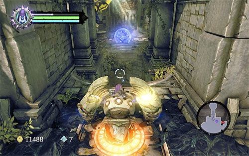 There is a new puzzle ahead of you which begins with destroying the yellow objects in the south - Wake the Construct (1) - To Move a Mountain - Darksiders II - Game Guide and Walkthrough