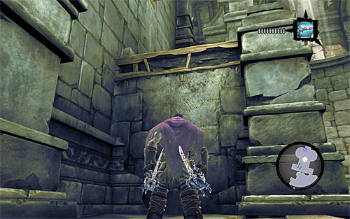 Locate the interactive edge (the above screen) which will help you get to the upper shelf - Wake the Construct (2) - To Move a Mountain - Darksiders II - Game Guide and Walkthrough