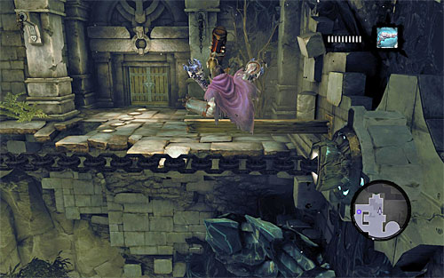 Leave the Construct there and go straight ahead, jumping over to the first wooden pillar - Wake the Construct (2) - To Move a Mountain - Darksiders II - Game Guide and Walkthrough