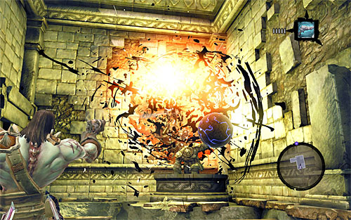 When you get to the second level of the temple, locate a new blue ball and aim at the dormant shadowbomb to free it - Wake the Construct (2) - To Move a Mountain - Darksiders II - Game Guide and Walkthrough