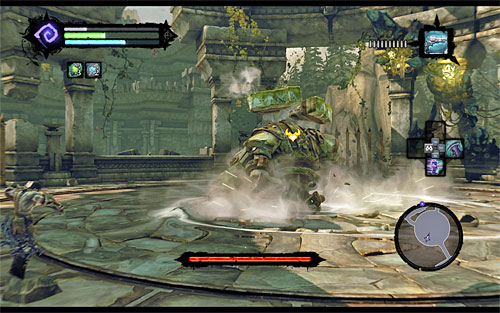 The Construct Hulk's main attack is smashing its head against the ground with great strength, forcing you to react accordingly by jumping over the hit waves - Boss 5 - Construct Hulk - To Move a Mountain - Darksiders II - Game Guide and Walkthrough