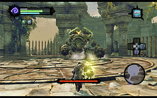 Once you have a shadowbomb, aim at the boss (SHIFT button) before the shadowbomb explodes prematurely - Boss 5 - Construct Hulk - To Move a Mountain - Darksiders II - Game Guide and Walkthrough