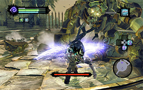 Immediately after the explosion, run to the Construct Hulk and attack the exposed heart, using your best set of blows available - Boss 5 - Construct Hulk - To Move a Mountain - Darksiders II - Game Guide and Walkthrough