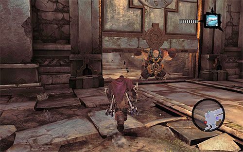 Since you have to wait for Karn to enter the location and position himself near the other big gate, you need to wait on the beam - Wake up the Keeper (1) - The Heart of the Mountain - Darksiders II - Game Guide and Walkthrough