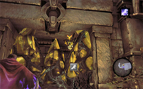 Jump down to the lower ledge and join Karn by using the Death Grip on the interactive catch between you and him - Wake up the Keeper (2) - The Heart of the Mountain - Darksiders II - Game Guide and Walkthrough