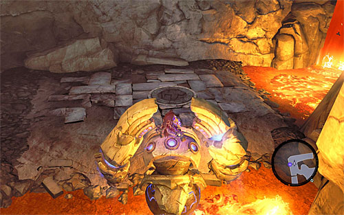 Start exploring the lowest level of the foundry, taking advantage of the fact that the construct can freely move over lava - Wake up the Keeper (2) - The Heart of the Mountain - Darksiders II - Game Guide and Walkthrough