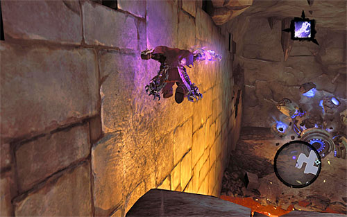 Carefully, jump down to other lower ledge and wall run along the left wall, thanks to which you will reach the place where the construct was left - Wake up the Keeper (2) - The Heart of the Mountain - Darksiders II - Game Guide and Walkthrough