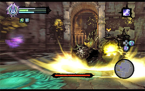 Another one of the boss's attacks, used pretty frequently, is a ground shaking punch into the ground and you should already know perfectly how to deal with that, jump that is, and try to move away from the custodian as quickly as possible - Boss 6 - Corrupted Custodian - The Heart of the Mountain - Darksiders II - Game Guide and Walkthrough