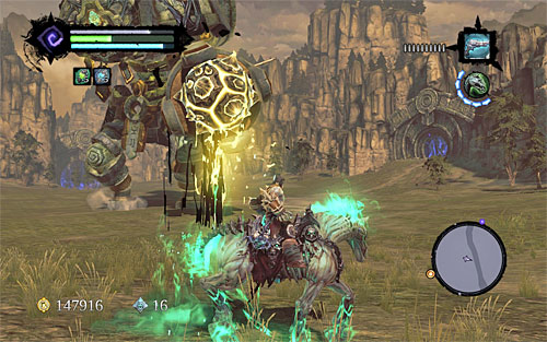 During the second phase the boss will start using cannon and shoot large yellow projectiles, being large, explosive bombs - Boss 7 - The Guardian - The Heart of the Mountain - Darksiders II - Game Guide and Walkthrough