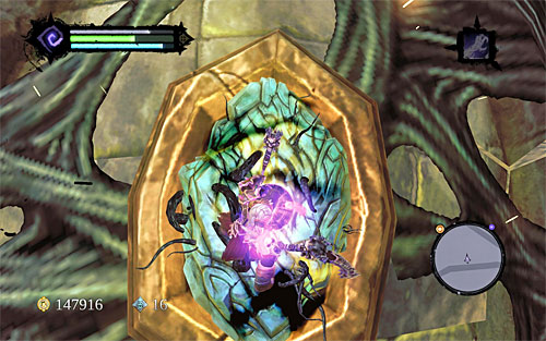 After the death transports to the heart fragment, perform several quick attacks with your scythes (left mouse button) - Boss 7 - The Guardian - The Heart of the Mountain - Darksiders II - Game Guide and Walkthrough