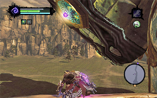 Once you reach the horizontal wooden pole, move to its end, and turn towards the second heart fragment (the above screenshot) - Boss 7 - The Guardian - The Heart of the Mountain - Darksiders II - Game Guide and Walkthrough