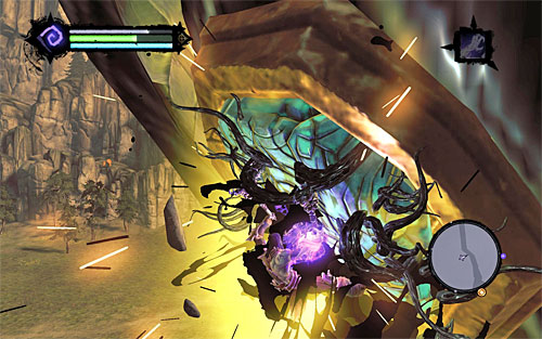 Jump towards the heart fragment and when you are airborne, press the middle mouse button (make sure that you have the death grip skill ready) - Boss 7 - The Guardian - The Heart of the Mountain - Darksiders II - Game Guide and Walkthrough