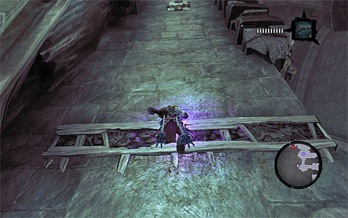 Jump off the wooden pole towards the interactive catch, but do not shimmy to the right just yet, and use death grip instead - Find the Eternal Throne (2) - The Lord of Bones - Darksiders II - Game Guide and Walkthrough