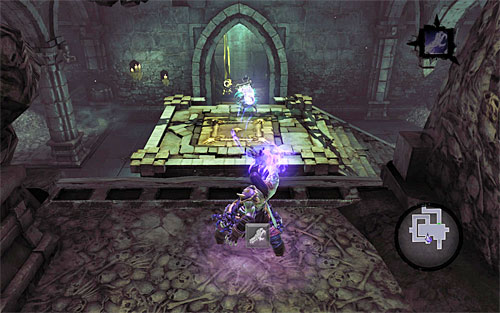 Stand where the screen shows and use Death Grip to grab the lantern you left on the pressure plate earlier - Summon the Arena Champion (1) - The Toll of Kings - Darksiders II - Game Guide and Walkthrough