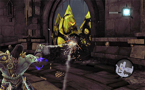 With the shadowbomb in hand, go back to the yellow formation you've passed by earlier and destroy it - Summon the Arena Champion (1) - The Toll of Kings - Darksiders II - Game Guide and Walkthrough