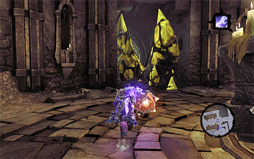 After you loot it, return to the drawbridge for yet another shadowbomb, and go back to the starting point with it - the chamber with the statue and the active lantern - Summon the Arena Champion (1) - The Toll of Kings - Darksiders II - Game Guide and Walkthrough