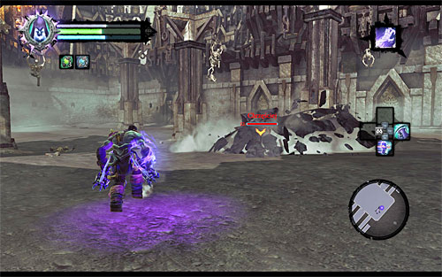 The FIRST STAGE of the battle with Gnashor is quite atypical because he'll be moving underground with great speed - Boss 8 - Gnashor - The Toll of Kings - Darksiders II - Game Guide and Walkthrough