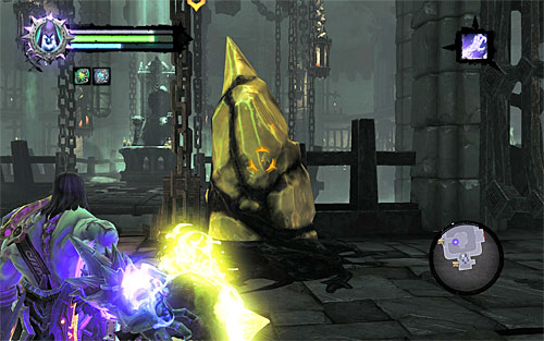 Once you're at the new shelf, look around for a shadowbomb and throw it at the yellow formation close-by - Find the first Soul - Judicator - Darksiders II - Game Guide and Walkthrough