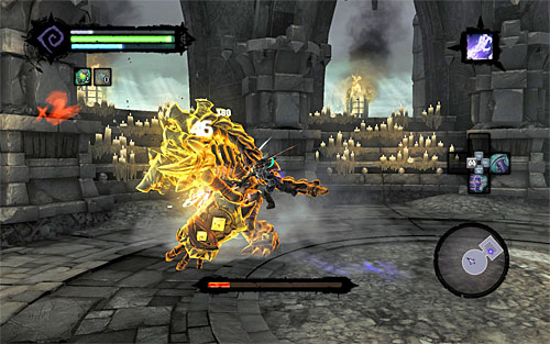 Hit the Bone Giant the reliable way by pulling yourself to him with Death Grip after each unsuccessful attack - Boss 12 - Bone Giant - Judicator - Darksiders II - Game Guide and Walkthrough