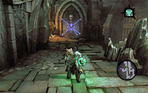 Go back down, take the stairs and use the switch to open further passage - Survive the Psychameron (1) - Basileus - Darksiders II - Game Guide and Walkthrough