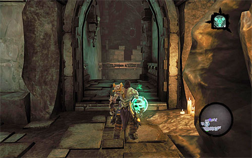 Wait until the drawbridge is raised, then send the other helper to the pressure plate on the opposite side of the large gap (the above screen) - Survive the Psychameron (2) - Basileus - Darksiders II - Game Guide and Walkthrough