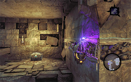 Remain in place in which the player character caught on to an edge, and start moving the left first, thanks to which you will be able to reach a ledge with a treasure - Explore the City of the Dead - upper levels (2) - The City of the Dead - Darksiders II - Game Guide and Walkthrough