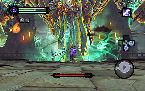 Throughout the entire battle, keep trying to find a vulnerable spot around the head of the boss shown in the above screenshot - Boss 15 - The Wailing Host - The City of the Dead - Darksiders II - Game Guide and Walkthrough