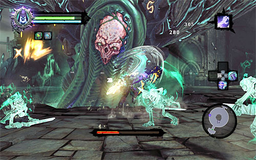 In the fifth part, apart from avoiding the boss and the spawns, you still need to keep distance from the blue symbols that appear on the ground - Boss 15 - The Wailing Host - The City of the Dead - Darksiders II - Game Guide and Walkthrough