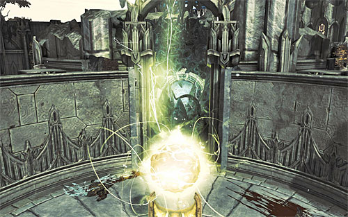 Interact with the second rotary mechanism in person, and notice that moving the wall resulted in the yellow sphere, shown in the above screenshot, being charged - Find the Scribe - northern part of the Citadel (2) - Stains of Heresy - Darksiders II - Game Guide and Walkthrough
