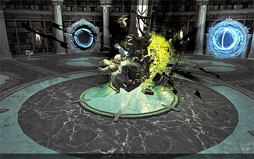 Position yourself in front of the first one of the opened portals and wait for the boss to send a yellow sphere your way (screenshot 1) - Boss 17 - Jamaerah the Scribe - Stains of Heresy - Darksiders II - Game Guide and Walkthrough